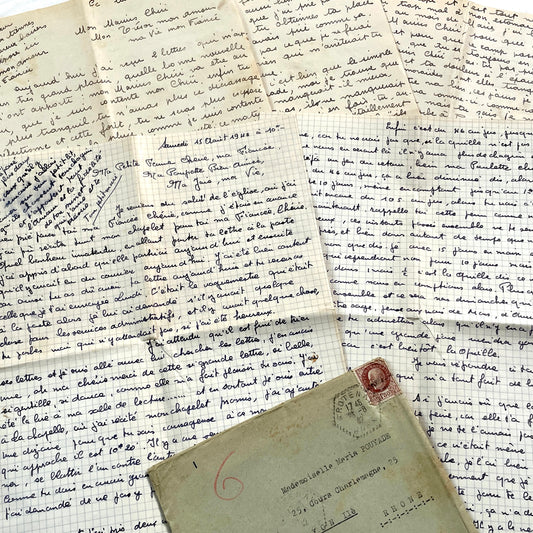 1940s - Two Long Handwritten French Love Letters - WWII Era Correspondence Between Lovers - Vintage Ephemera