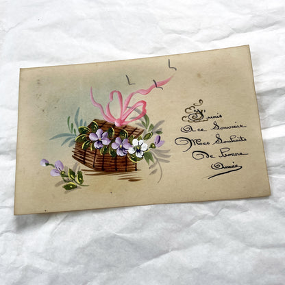 1900s - Antique French Greeting Card - Hand-Painted Violets and Ribbon - New Year's Wishes - Vintage French Ephemera - Collectible Art Piece