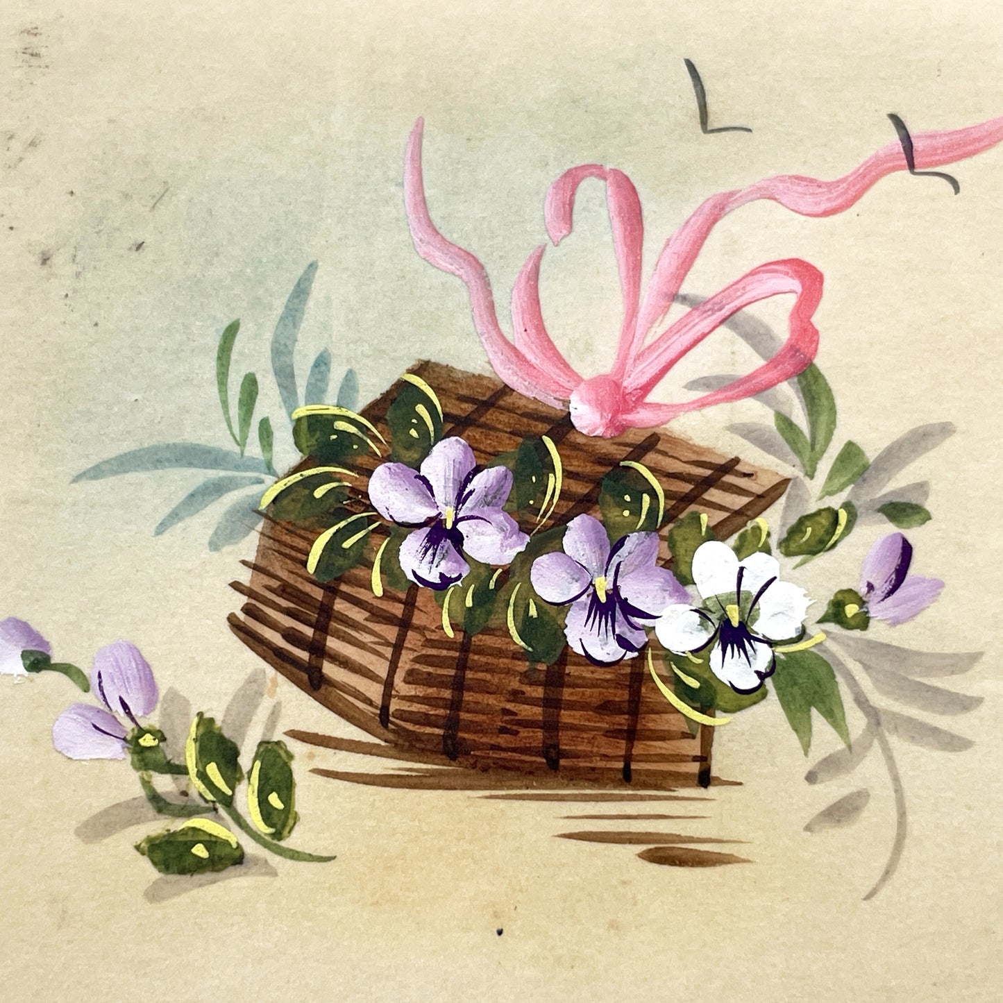 1900s - Antique French Greeting Card - Hand-Painted Violets and Ribbon - New Year's Wishes - Vintage French Ephemera - Collectible Art Piece
