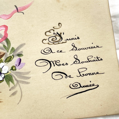 1900s - Antique French Greeting Card - Hand-Painted Violets and Ribbon - New Year's Wishes - Vintage French Ephemera - Collectible Art Piece