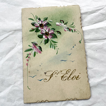 1910s - Vintage French Greeting Card - Hand-Painted Floral Design - Delicate Scalloped Edge - St. Eloi Name Day - Ephemera Collectible