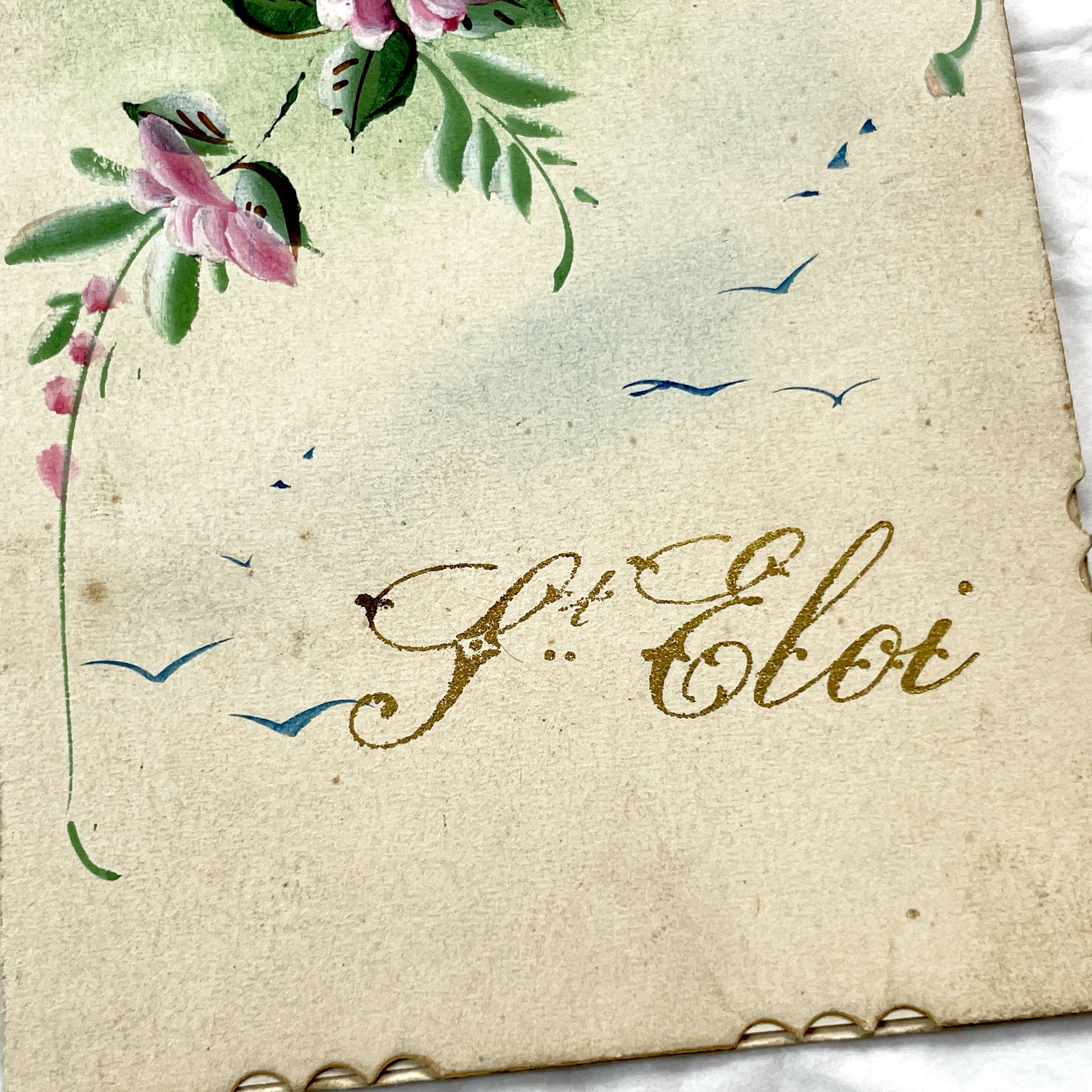 1910s - Vintage French Greeting Card - Hand-Painted Floral Design - Delicate Scalloped Edge - St. Eloi Name Day - Ephemera Collectible