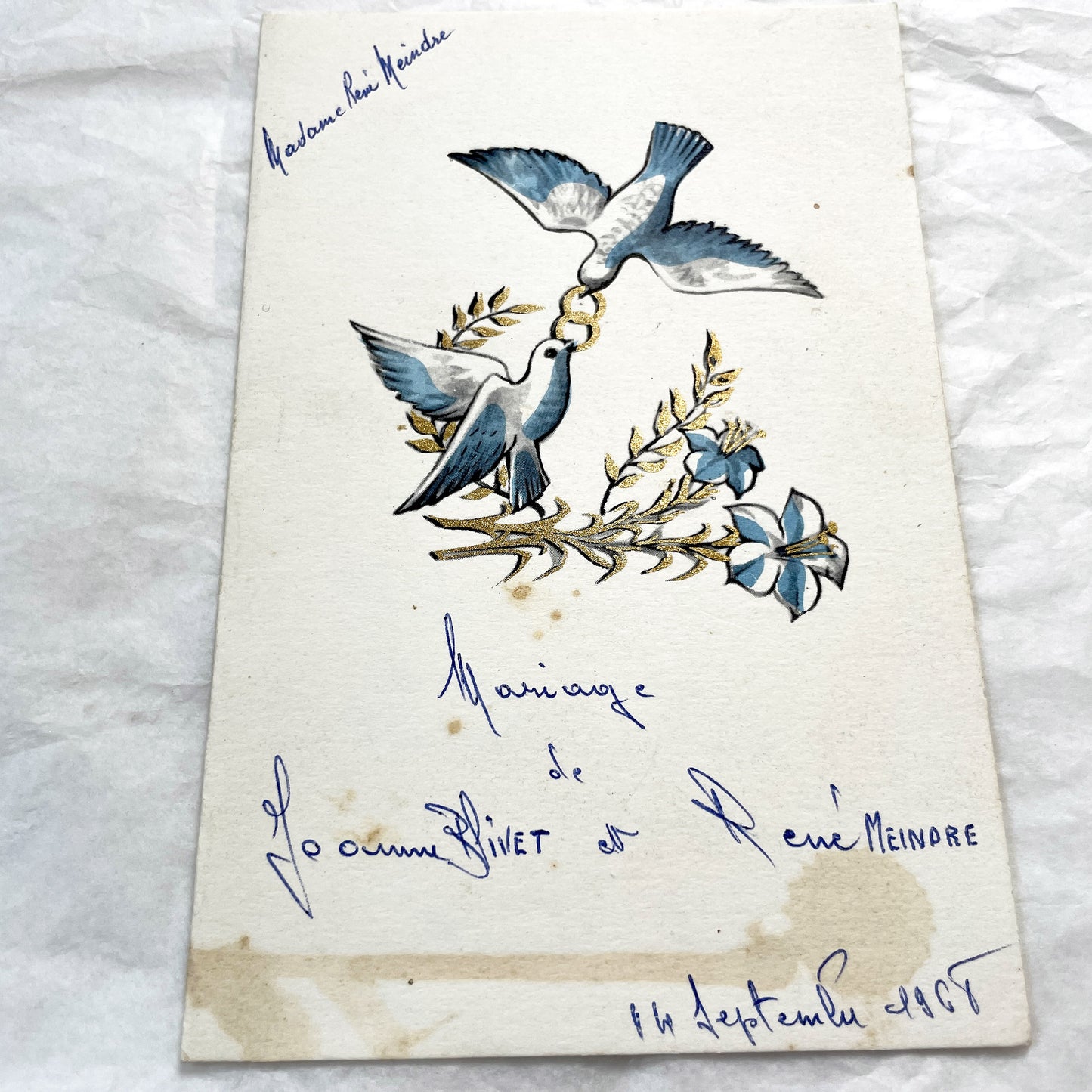 1960s - French Vintage Wedding Menu Card - Joanne Rivet Rene Meindre - 1967 Handwritten Ceremony Lunch Program - Antique Culinary Ephemera