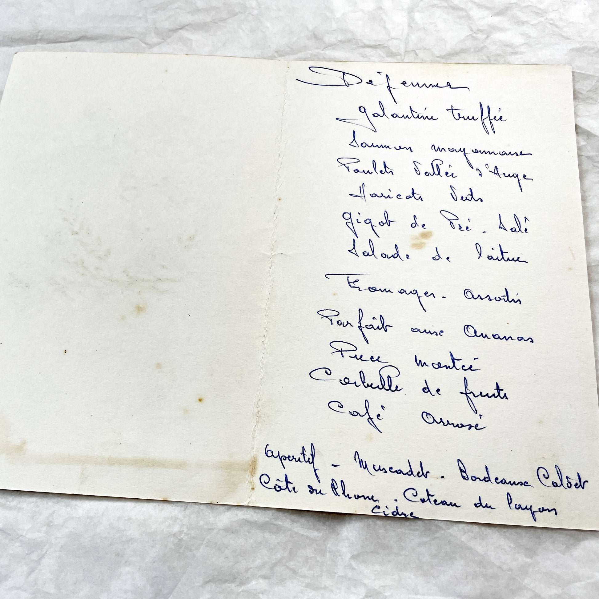 1960s - French Vintage Wedding Menu Card - Joanne Rivet Rene Meindre - 1967 Handwritten Ceremony Lunch Program - Antique Culinary Ephemera