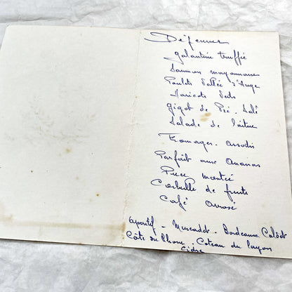 1960s - French Vintage Wedding Menu Card - Joanne Rivet Rene Meindre - 1967 Handwritten Ceremony Lunch Program - Antique Culinary Ephemera