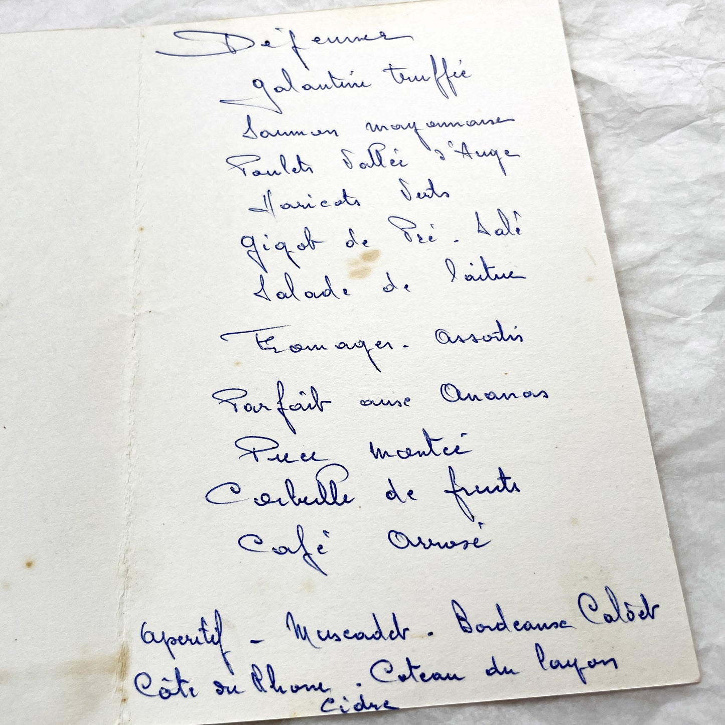 1960s - French Vintage Wedding Menu Card - Joanne Rivet Rene Meindre - 1967 Handwritten Ceremony Lunch Program - Antique Culinary Ephemera