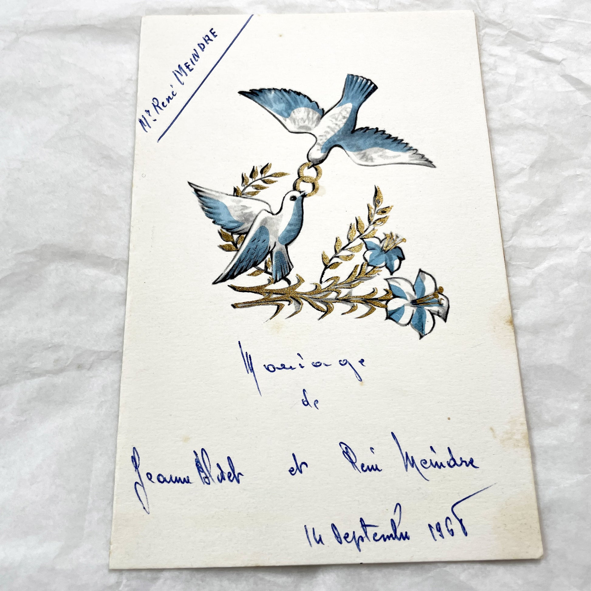 1960s - Vintage Wedding Menu Card - French Marriage Celebration Document - Handwritten Dinner List - Doves Motif - September 1965 Keepsake