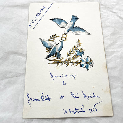 1960s - Vintage Wedding Menu Card - French Marriage Celebration Document - Handwritten Dinner List - Doves Motif - September 1965 Keepsake