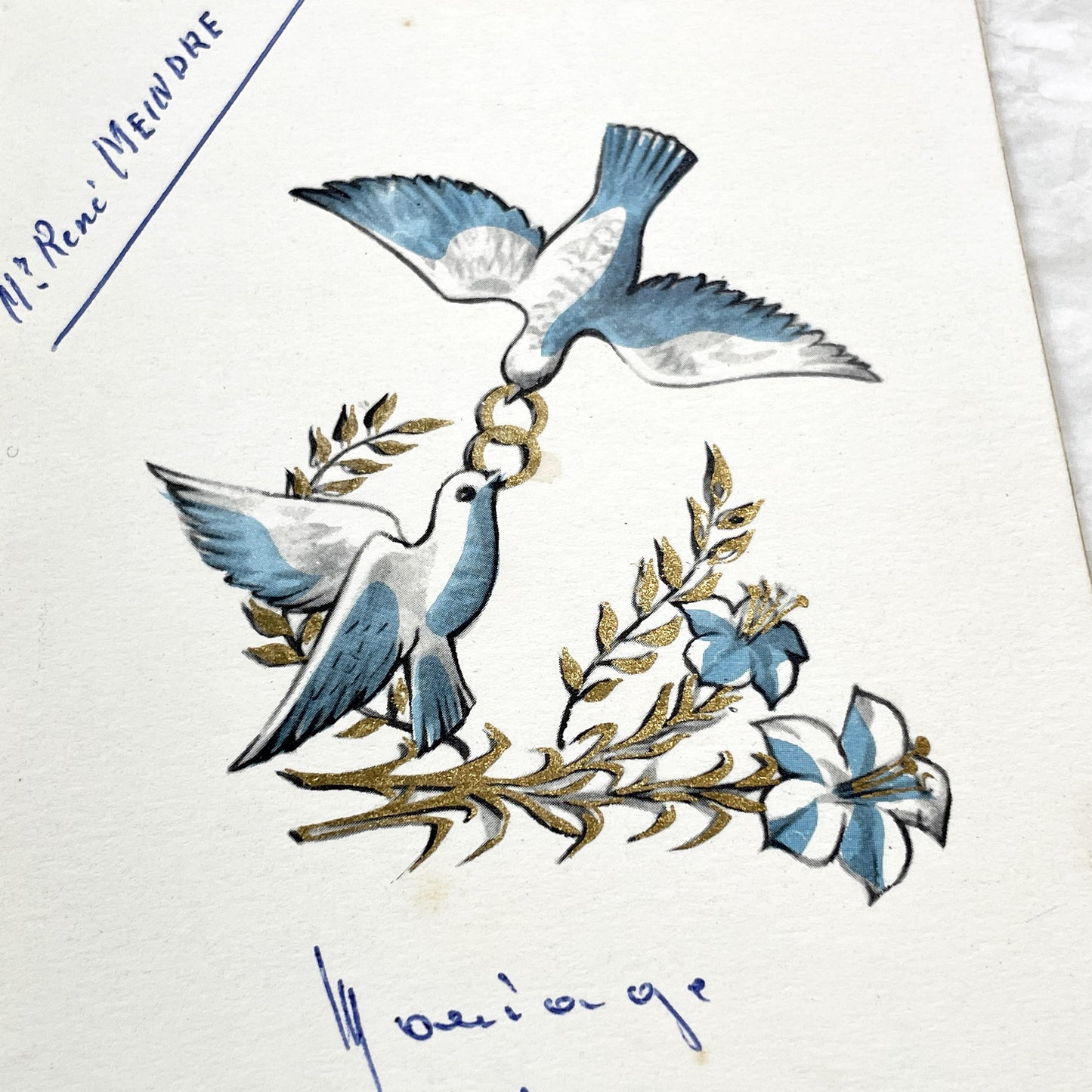 1960s - Vintage Wedding Menu Card - French Marriage Celebration Document - Handwritten Dinner List - Doves Motif - September 1965 Keepsake