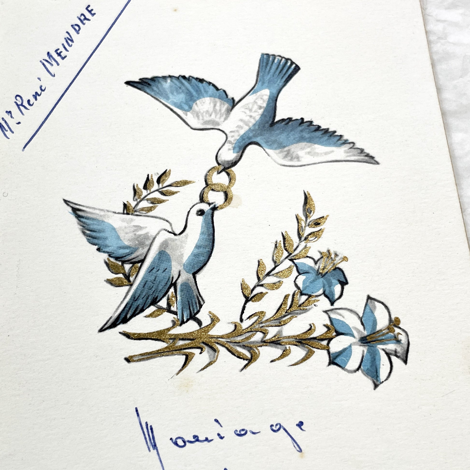 1960s - Vintage Wedding Menu Card - French Marriage Celebration Document - Handwritten Dinner List - Doves Motif - September 1965 Keepsake