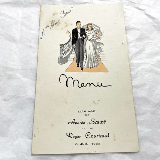1960s - Vintage French Wedding Menu - Andrée Roger Wedding - June 1960 Event - Elegant Classic Illustration - Dinner Lunch Celebration