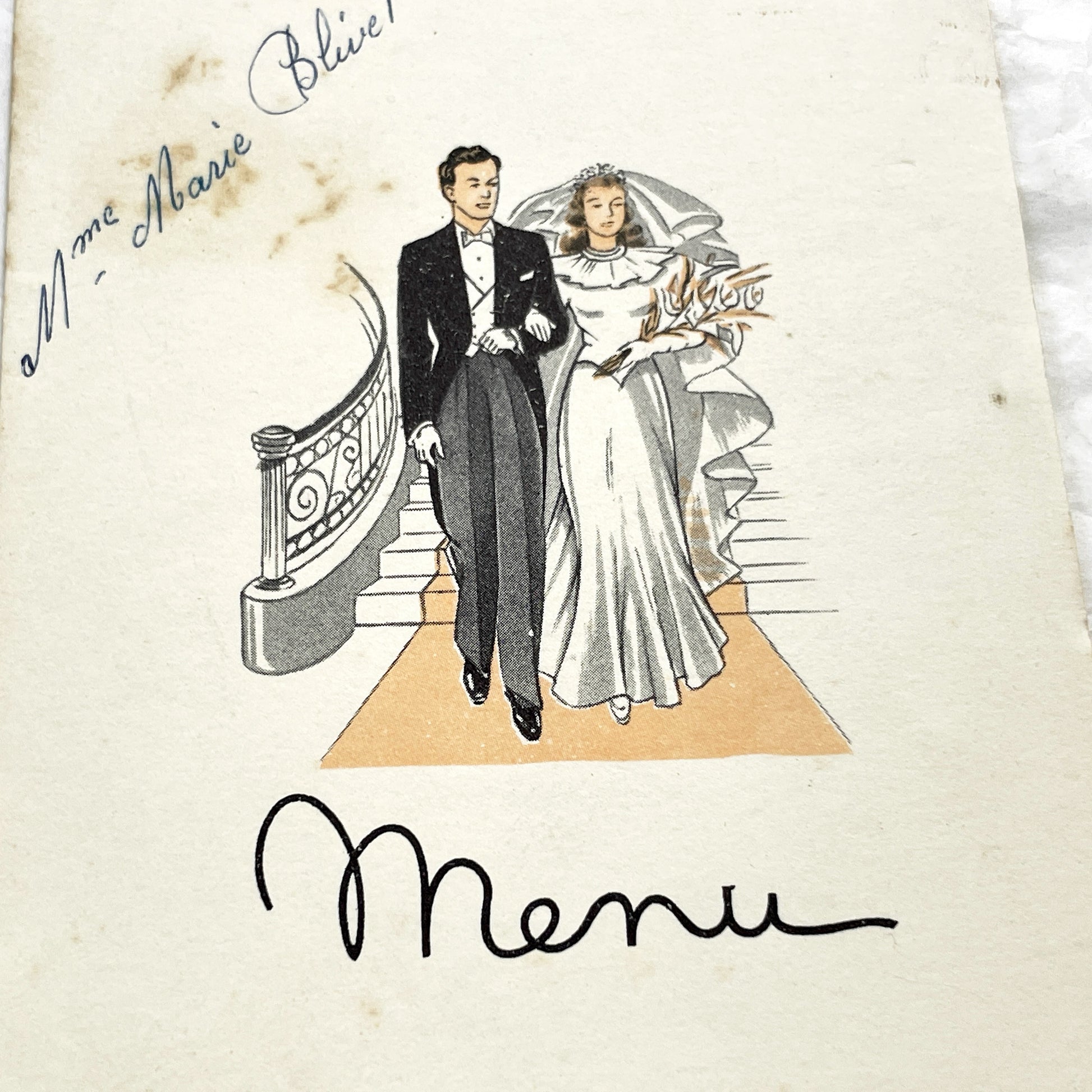 1960s - Vintage French Wedding Menu - Andrée Roger Wedding - June 1960 Event - Elegant Classic Illustration - Dinner Lunch Celebration