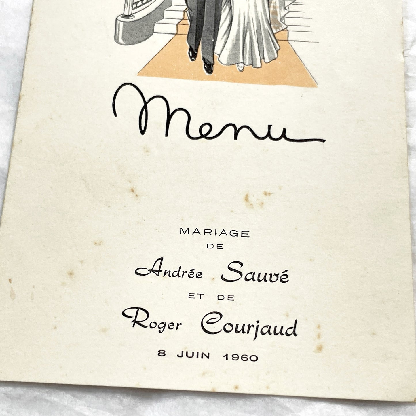 1960s - Vintage French Wedding Menu - Andrée Roger Wedding - June 1960 Event - Elegant Classic Illustration - Dinner Lunch Celebration