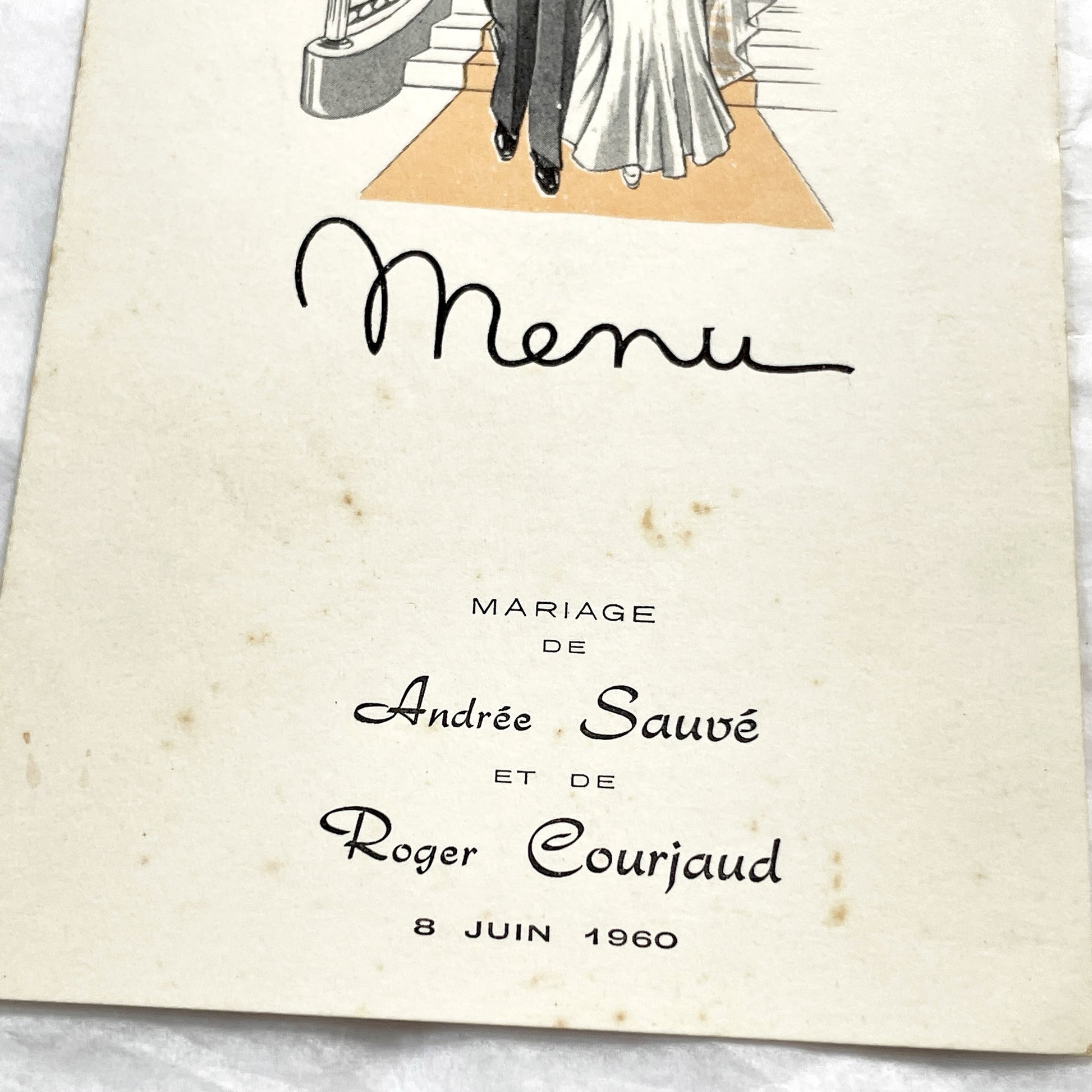 1960s - Vintage French Wedding Menu - Andrée Roger Wedding - June 1960 Event - Elegant Classic Illustration - Dinner Lunch Celebration