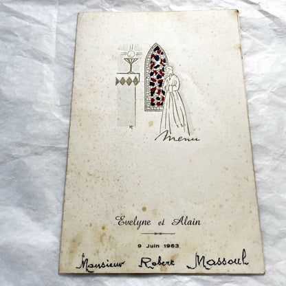 1960s - Vintage Wedding Menu - French Celebration Document - Religious Ceremony - Historic Dinner Program - Alain Evelyne 1963