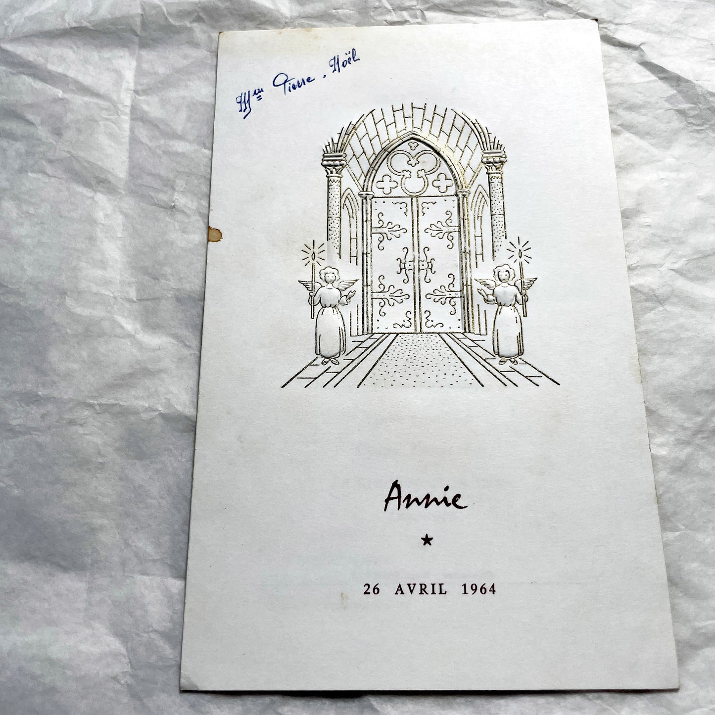 1960s - Vintage French First Communion Menu - Annie 1964 - Ornate Embossed Church Door Design - Gourmet Dining - Antique Paper Ephemera