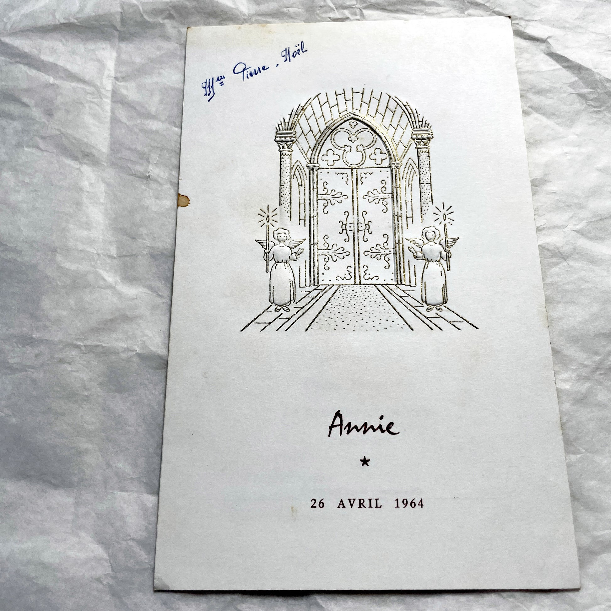 1960s - Vintage French First Communion Menu - Annie 1964 - Ornate Embossed Church Door Design - Gourmet Dining - Antique Paper Ephemera