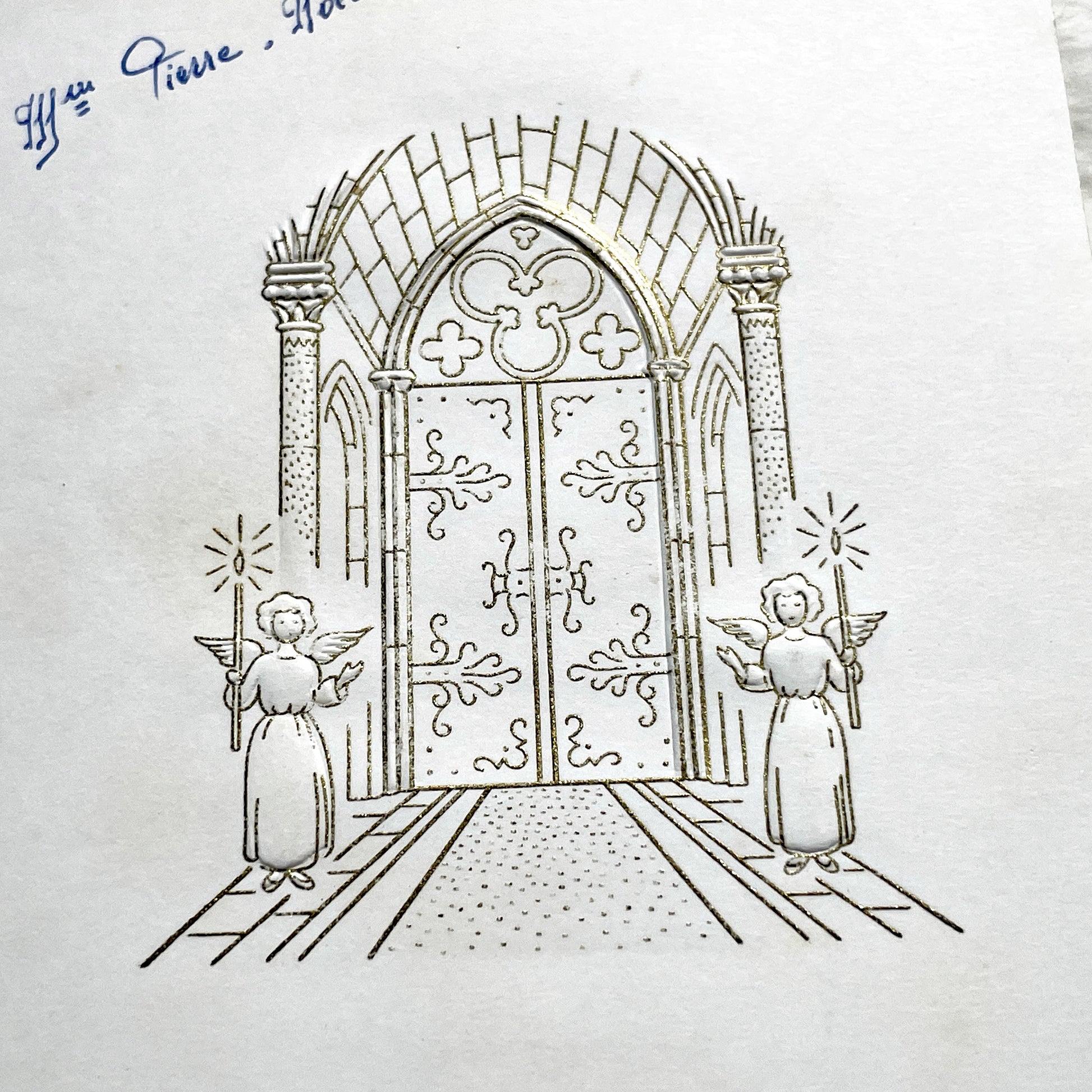 1960s - Vintage French First Communion Menu - Annie 1964 - Ornate Embossed Church Door Design - Gourmet Dining - Antique Paper Ephemera