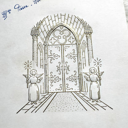 1960s - Vintage French First Communion Menu - Annie 1964 - Ornate Embossed Church Door Design - Gourmet Dining - Antique Paper Ephemera