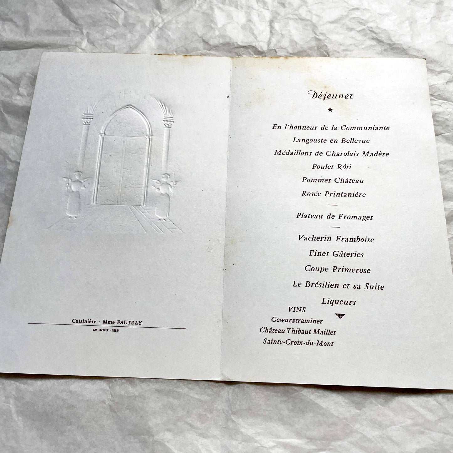 1960s - Vintage French First Communion Menu - Annie 1964 - Ornate Embossed Church Door Design - Gourmet Dining - Antique Paper Ephemera