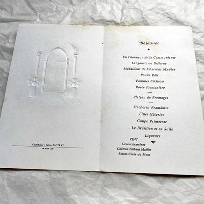 1960s - Vintage French First Communion Menu - Annie 1964 - Ornate Embossed Church Door Design - Gourmet Dining - Antique Paper Ephemera