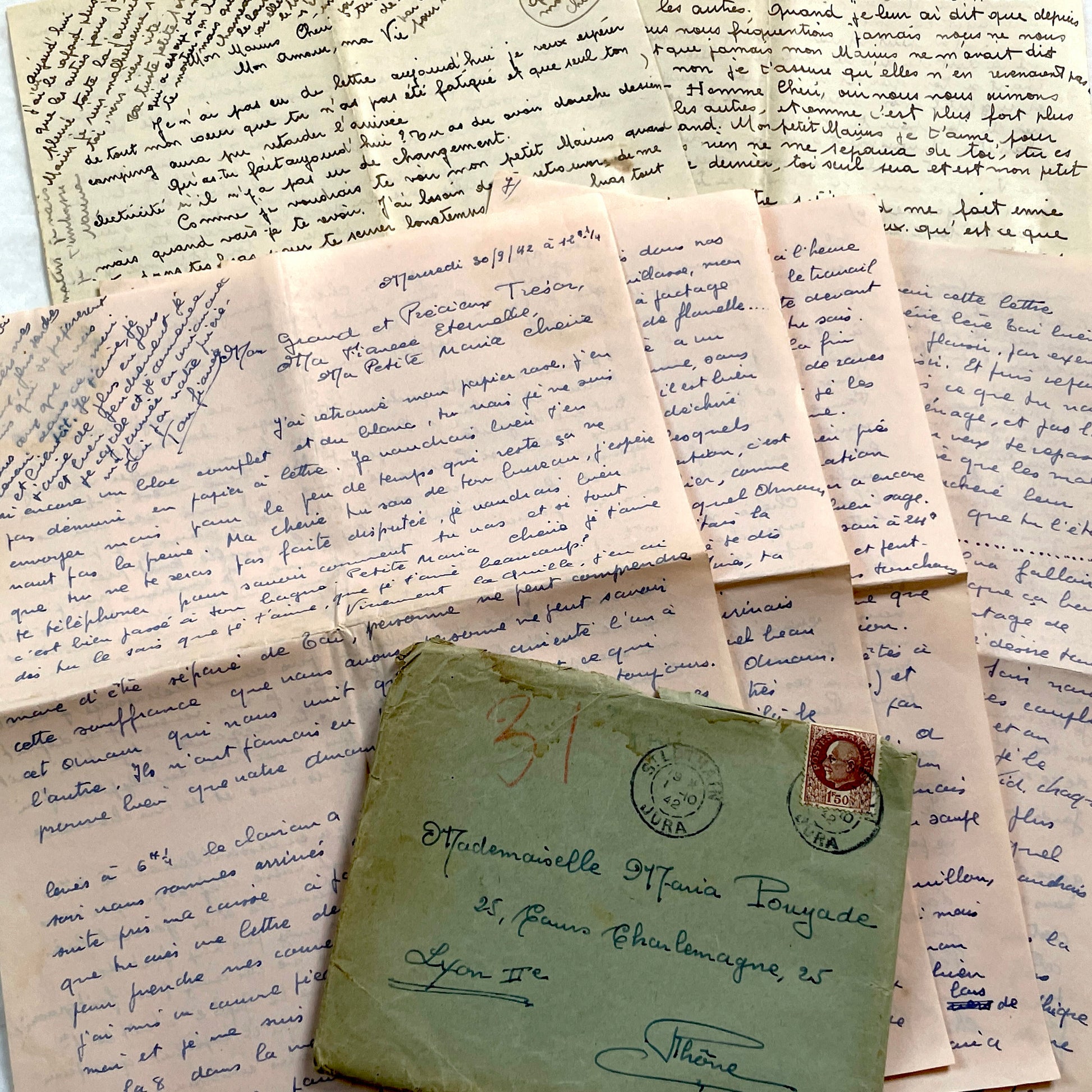 1940s - Two Long Handwritten French Love Letters Between Sweethearts - Evocative & Profound WWII Era Romantic Correspondence Manuscript