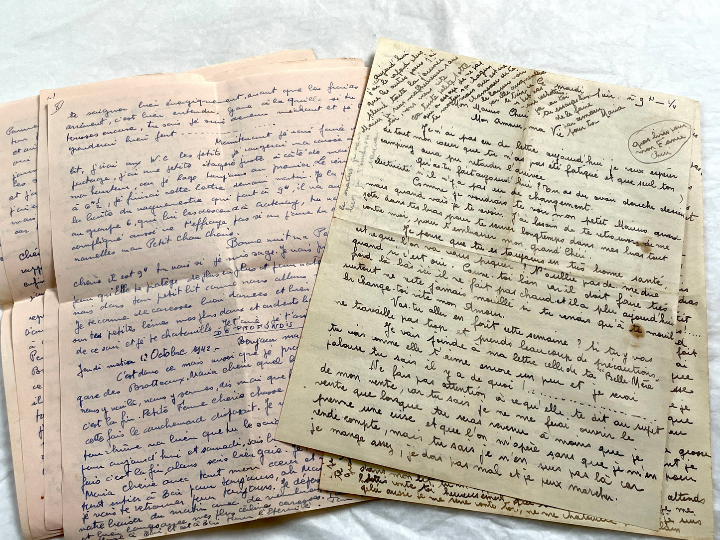 1940s - Two Long Handwritten French Love Letters Between Sweethearts - Evocative & Profound WWII Era Romantic Correspondence Manuscript
