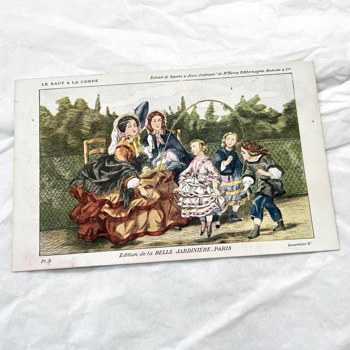1900s - Antique French Hand-Colored Print - Victorian Children Playing Jump Rope - Henry D'Allemagne - La Belle Jardiniere Edition - Plate 9