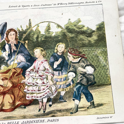 1900s - Antique French Hand-Colored Print - Victorian Children Playing Jump Rope - Henry D'Allemagne - La Belle Jardiniere Edition - Plate 9