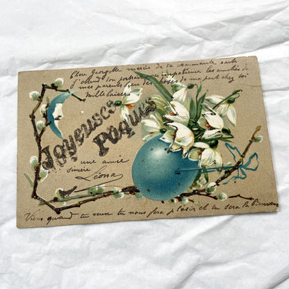 1900s - Antique French Easter Postcard - Vintage Floral Blue Egg & Bird Art - Original Handwritten Message Ephemera Collectible