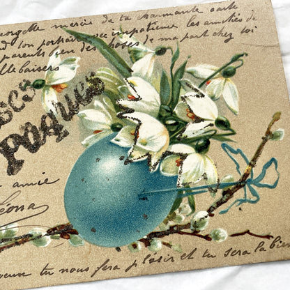 1900s - Antique French Easter Postcard - Vintage Floral Blue Egg & Bird Art - Original Handwritten Message Ephemera Collectible
