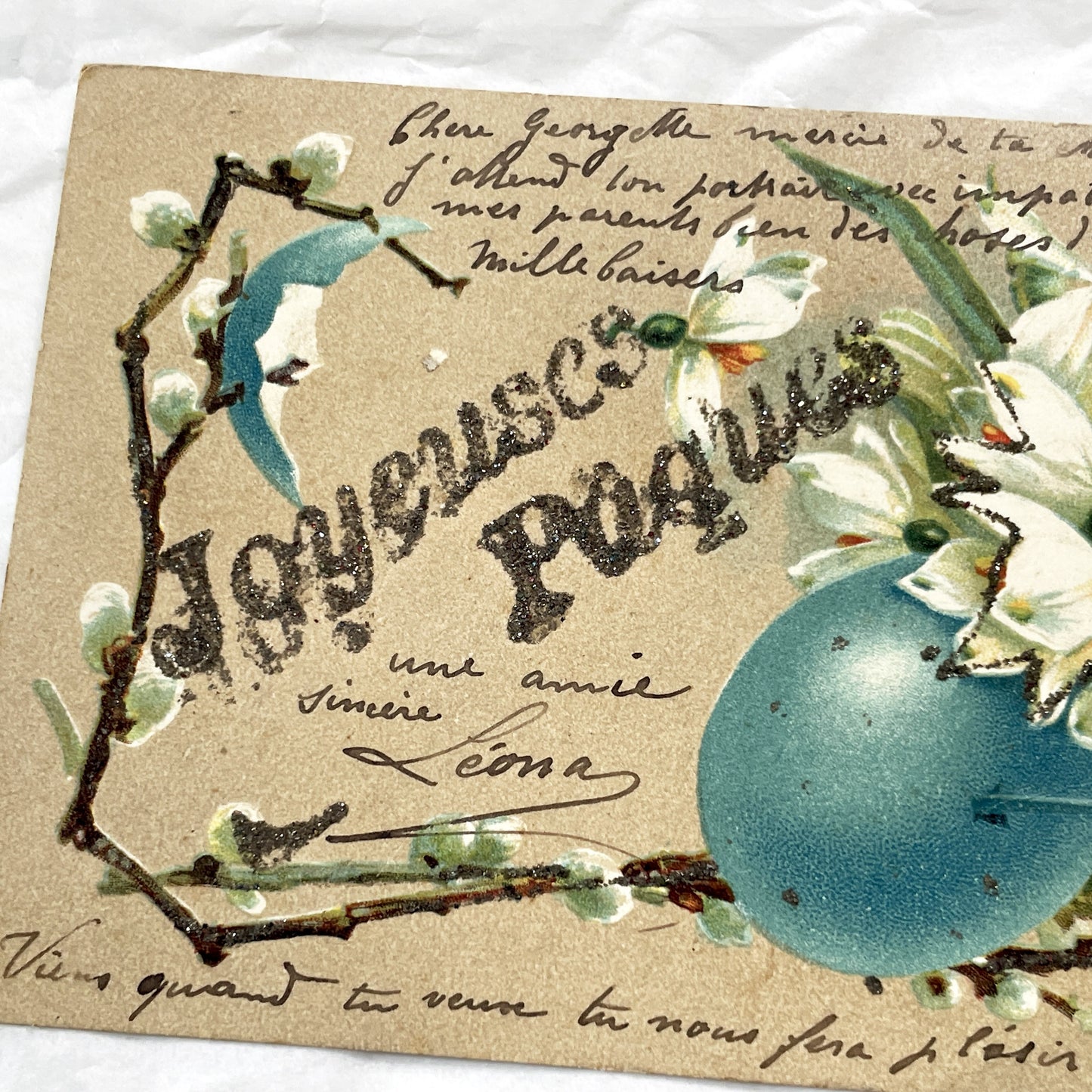 1900s - Antique French Easter Postcard - Vintage Floral Blue Egg & Bird Art - Original Handwritten Message Ephemera Collectible