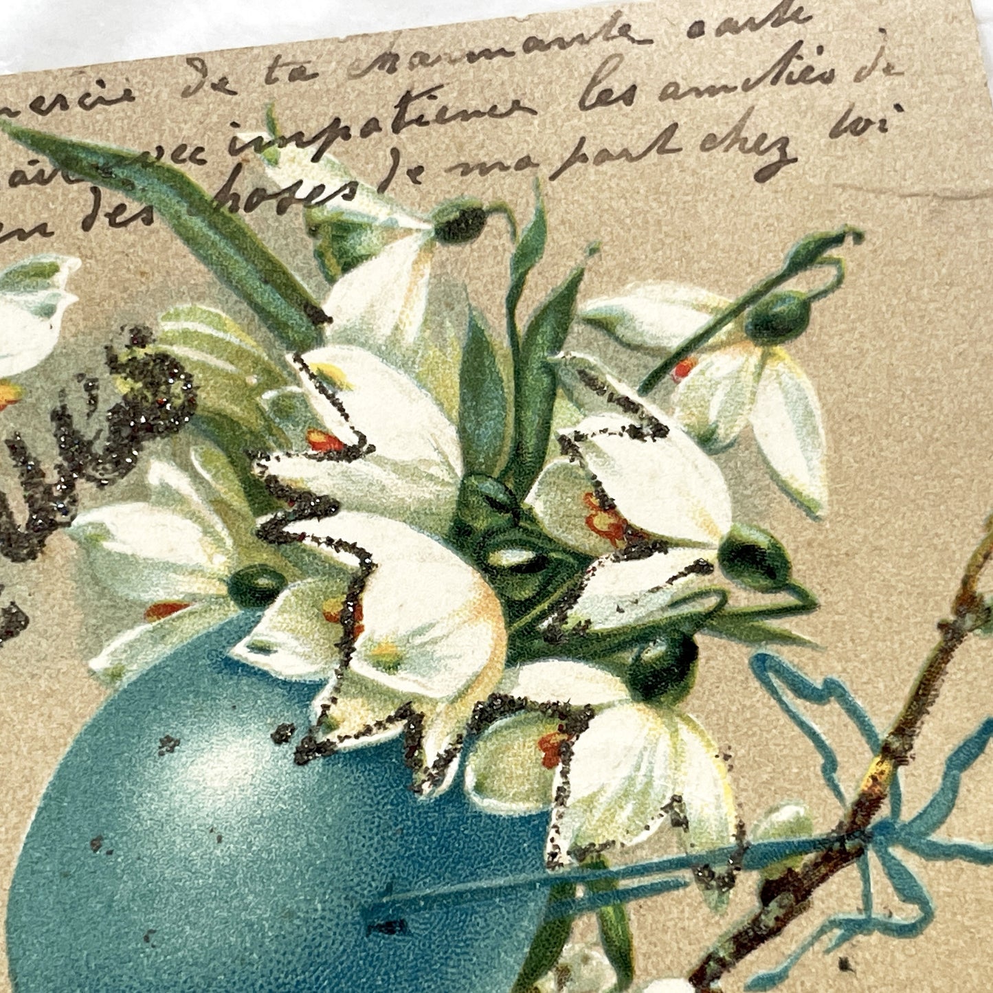 1900s - Antique French Easter Postcard - Vintage Floral Blue Egg & Bird Art - Original Handwritten Message Ephemera Collectible