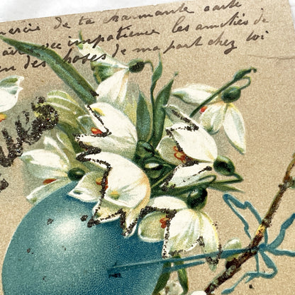1900s - Antique French Easter Postcard - Vintage Floral Blue Egg & Bird Art - Original Handwritten Message Ephemera Collectible