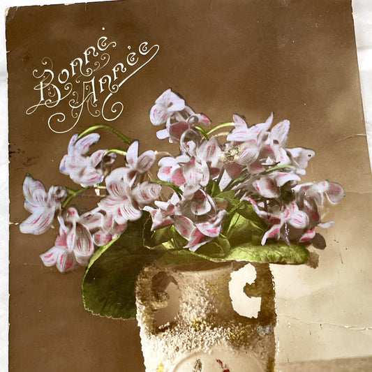 1910s - French New Year Postcard - Hand-Colored Floral Vase With Bonne Année Greeting - Exquisite Antique Flower Ephemera Collectible Card