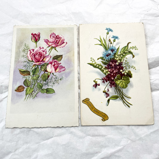 1950s - French Floral Greeting Cards - Pink Roses & Happy Anniversary Chromo - Botanical Art Ephemera