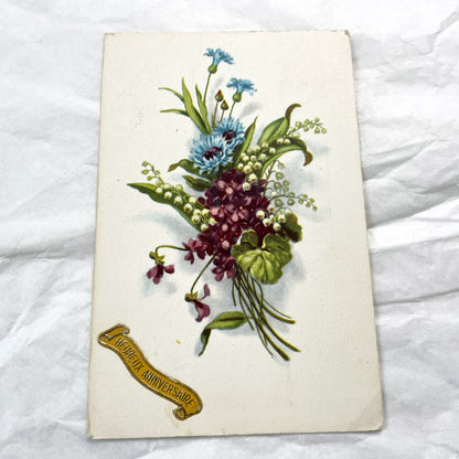 1950s - French Floral Greeting Cards - Pink Roses & Happy Anniversary Chromo - Botanical Art Ephemera