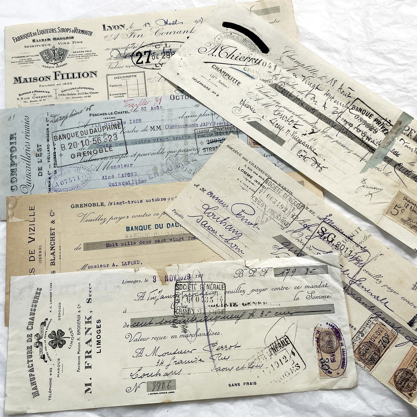 1900s - Lot of 6 Vintage French Bills of Exchange – Handwritten Commercial Documents with Stamps