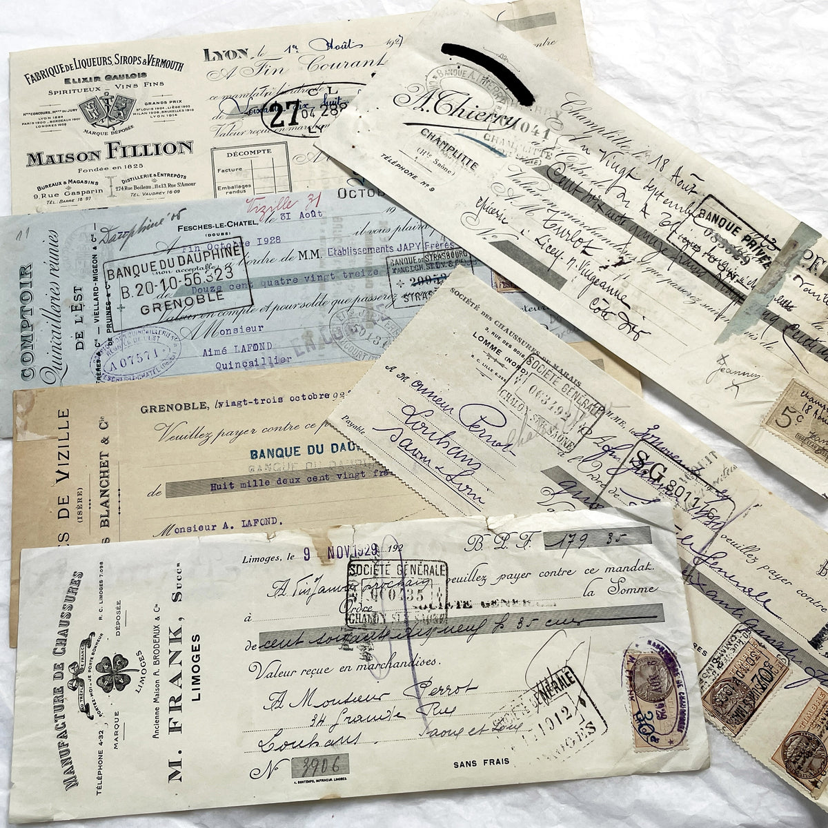 1900s - Lot of 6 Vintage French Bills of Exchange – Handwritten Commercial Documents with Stamps