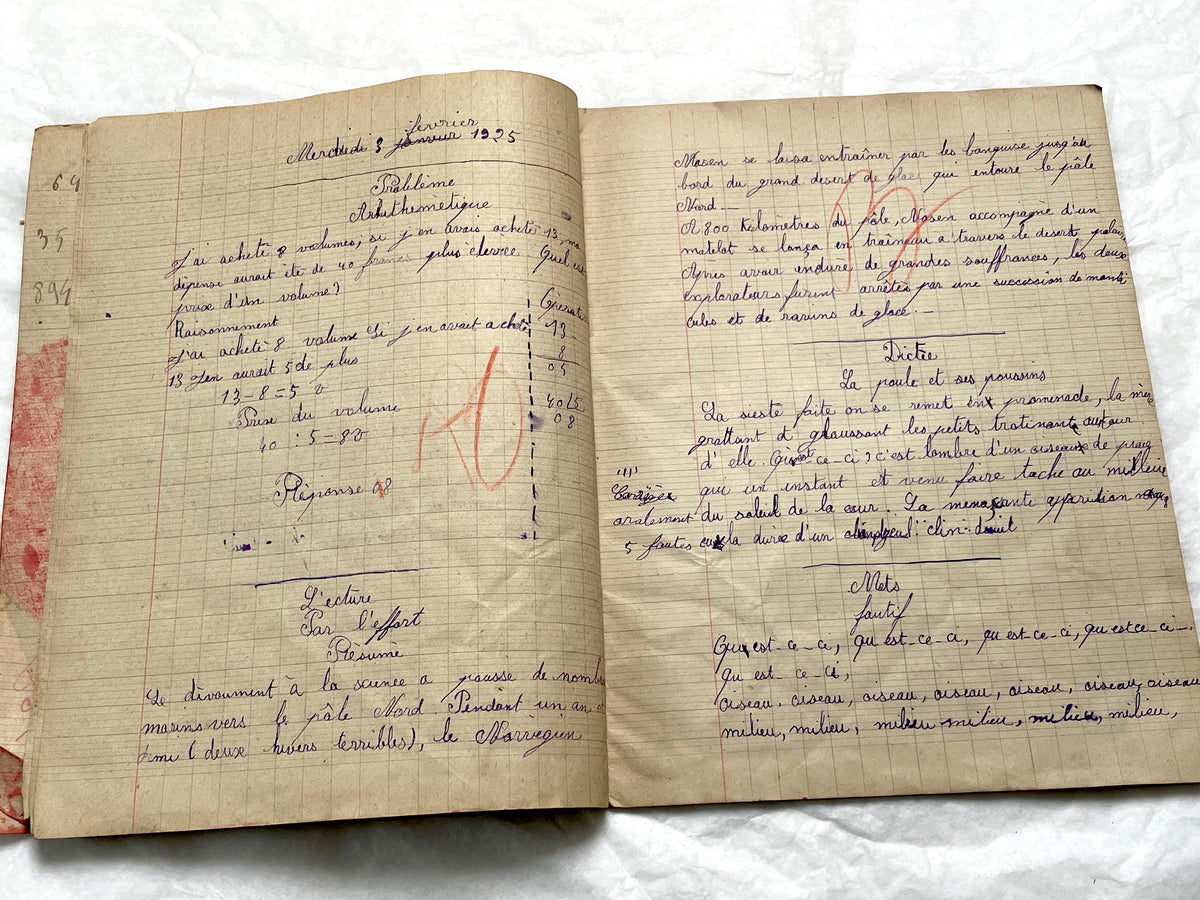 1920s - French School Notebook - Young Girl's Handwritten Exercises - Vintage Educational Ephemera - Original Manuscript