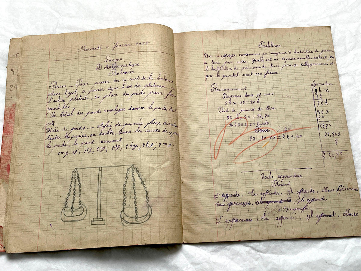 1920s - French School Notebook - Young Girl's Handwritten Exercises - Vintage Educational Ephemera - Original Manuscript