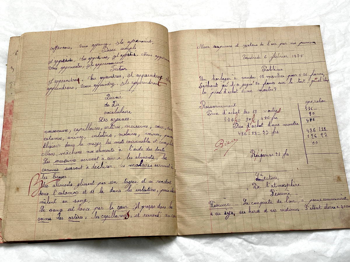 1920s - French School Notebook - Young Girl's Handwritten Exercises - Vintage Educational Ephemera - Original Manuscript