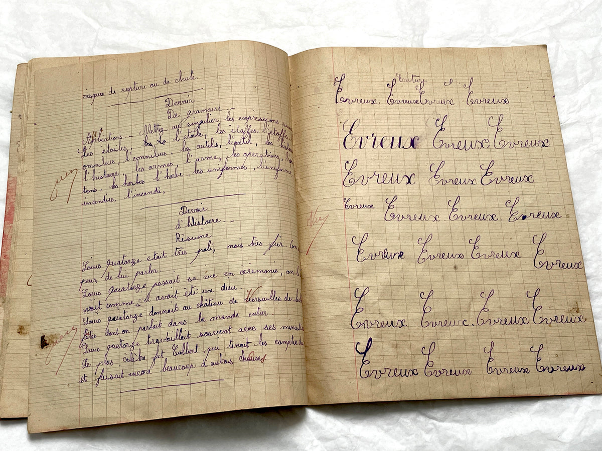 1920s - French School Notebook - Young Girl's Handwritten Exercises - Vintage Educational Ephemera - Original Manuscript
