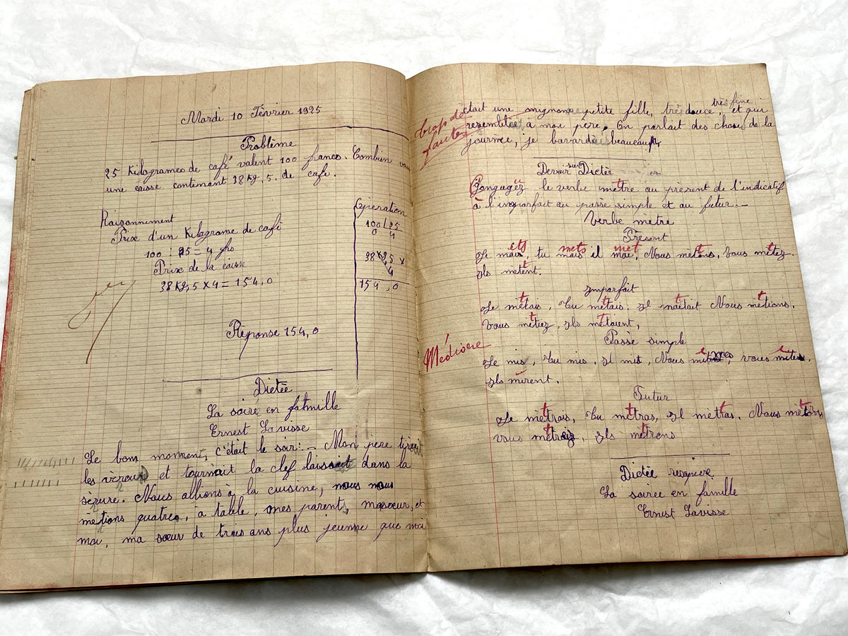 1920s - French School Notebook - Young Girl's Handwritten Exercises - Vintage Educational Ephemera - Original Manuscript