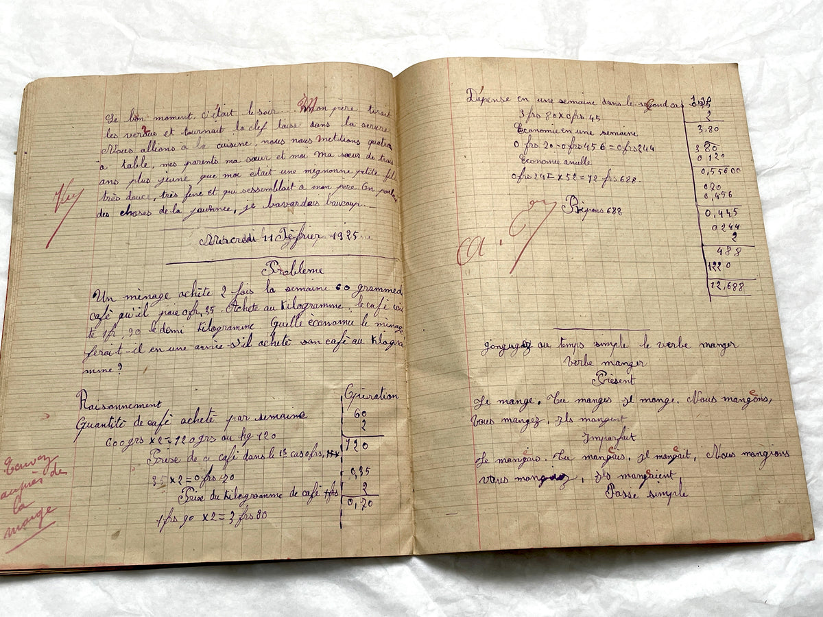 1920s - French School Notebook - Young Girl's Handwritten Exercises - Vintage Educational Ephemera - Original Manuscript