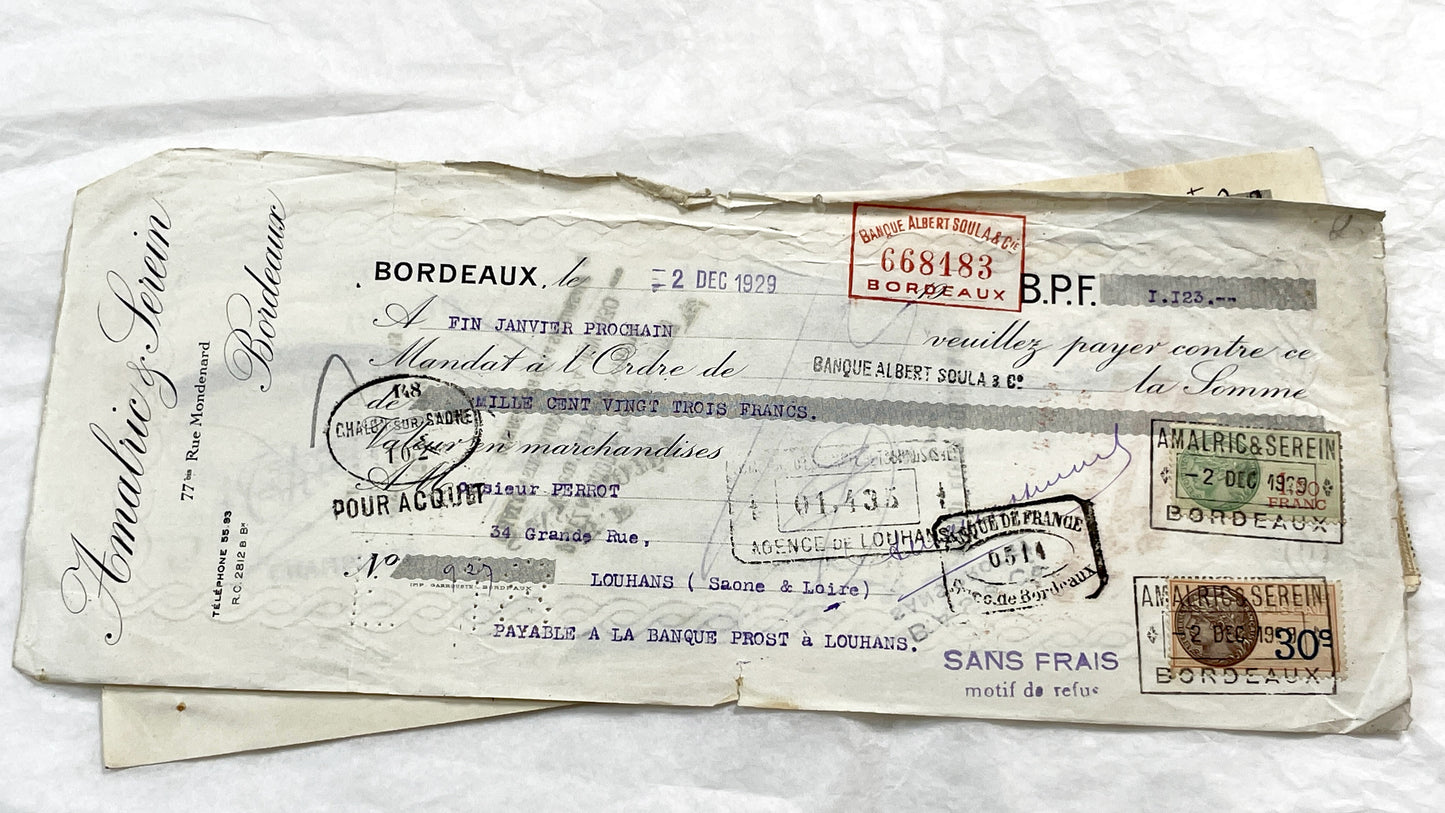 1920s - Lot of 6 Vintage French Bills of Exchange – Handwritten Commercial Documents with Stamps