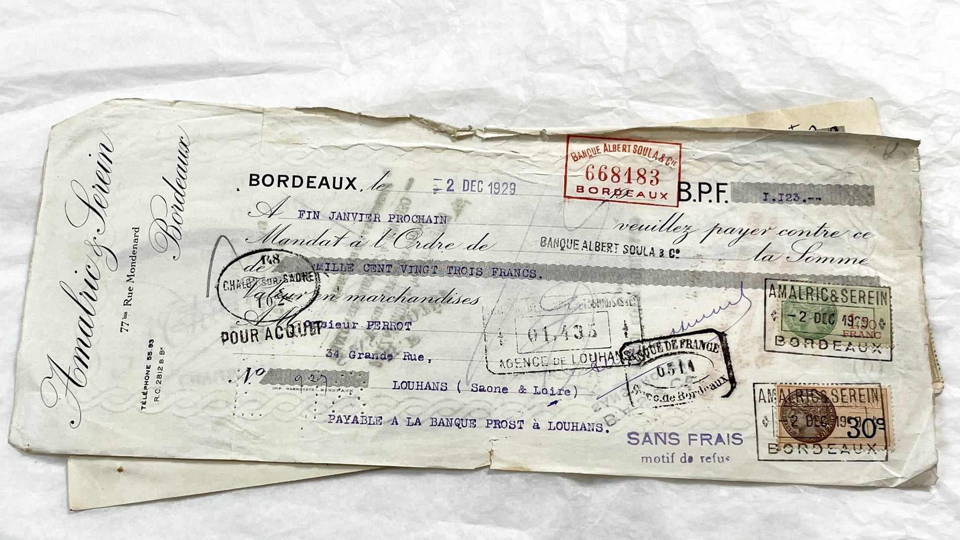 1920s - Lot of 6 Vintage French Bills of Exchange – Handwritten Commercial Documents with Stamps