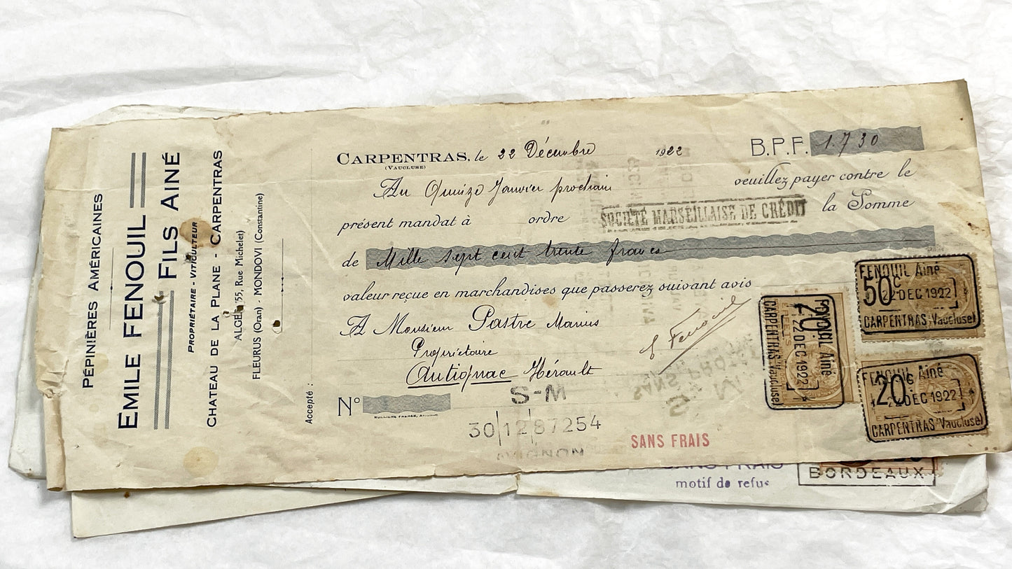 1920s - Lot of 6 Vintage French Bills of Exchange – Handwritten Commercial Documents with Stamps