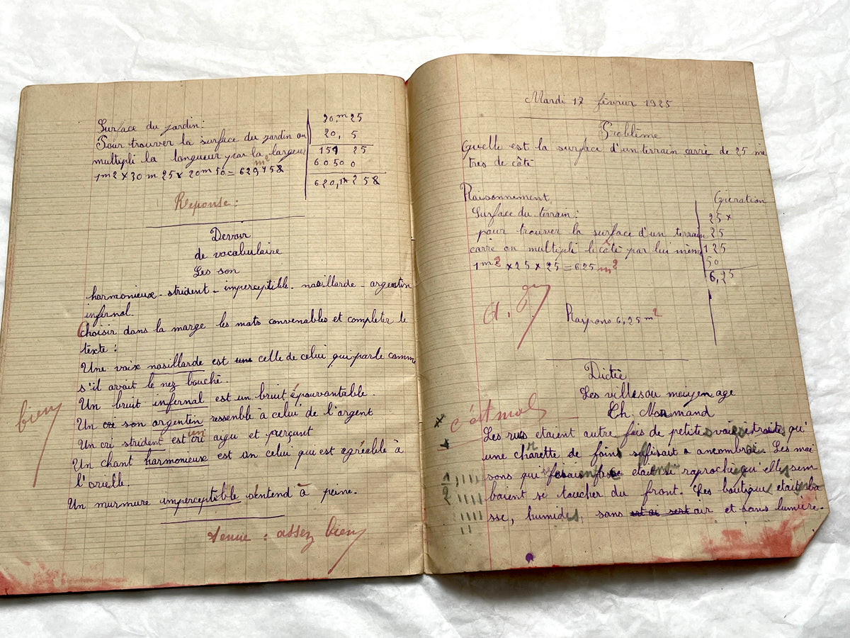 1920s - French School Notebook - Young Girl's Handwritten Exercises - Vintage Educational Ephemera - Original Manuscript