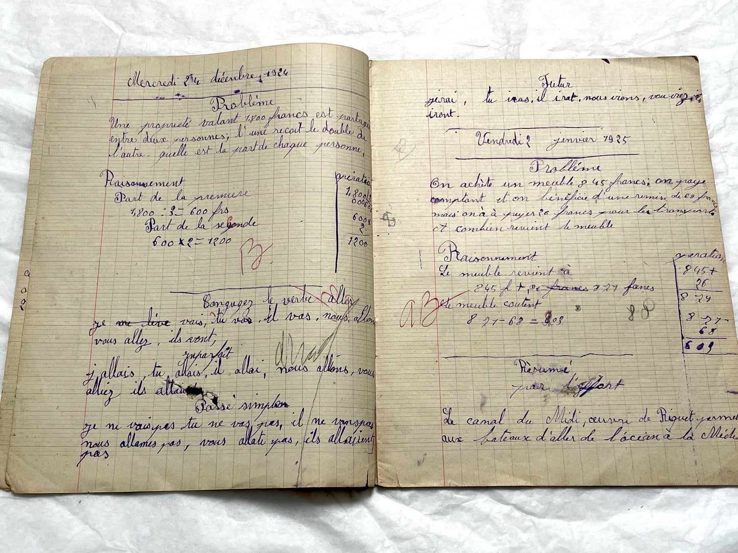 1920s - Vintage French School Notebook - Young Girl's Historical Education Ephemera - Handwritten Lessons